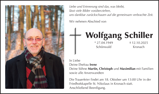 Traueranzeige von Wolfgang Schiller von Neue Presse Coburg