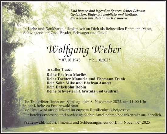 Traueranzeige von Wolfgang Weber von Südthüringer Presse