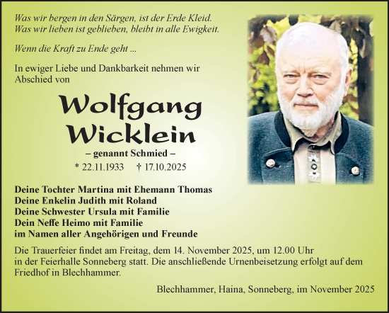 Traueranzeige von Wolfgang Wicklein von Südthüringer Presse