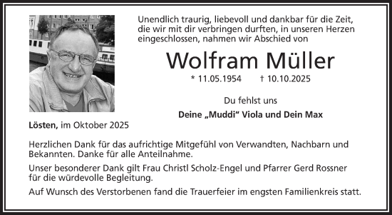 Traueranzeige von Wolfram Müller von Frankenpost