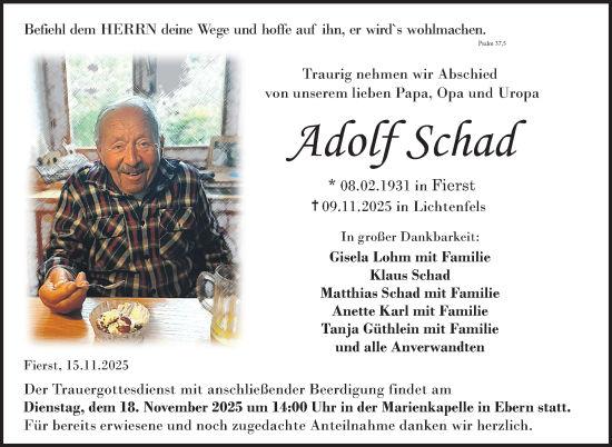 Traueranzeige von Adolf Schad von Neue Presse Coburg