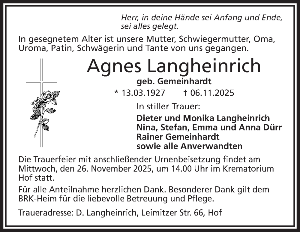  Traueranzeige für Agnes Langheinrich vom 22.11.2025 aus Frankenpost