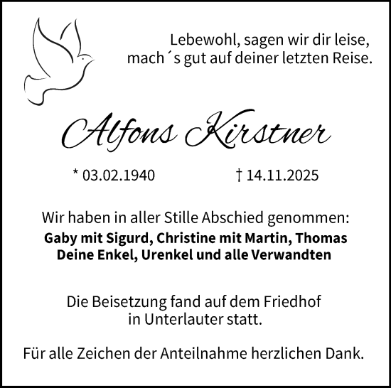 Traueranzeige von Alfons Kirstner von Neue Presse Coburg