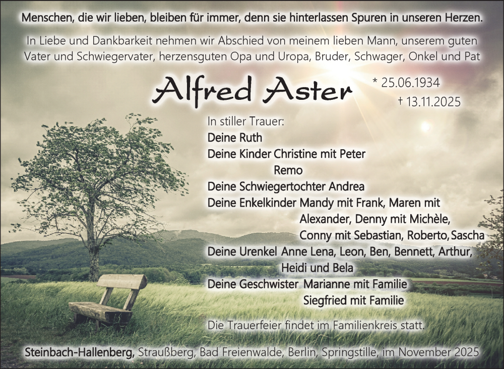  Traueranzeige für Alfred Aster vom 22.11.2025 aus Südthüringer Presse