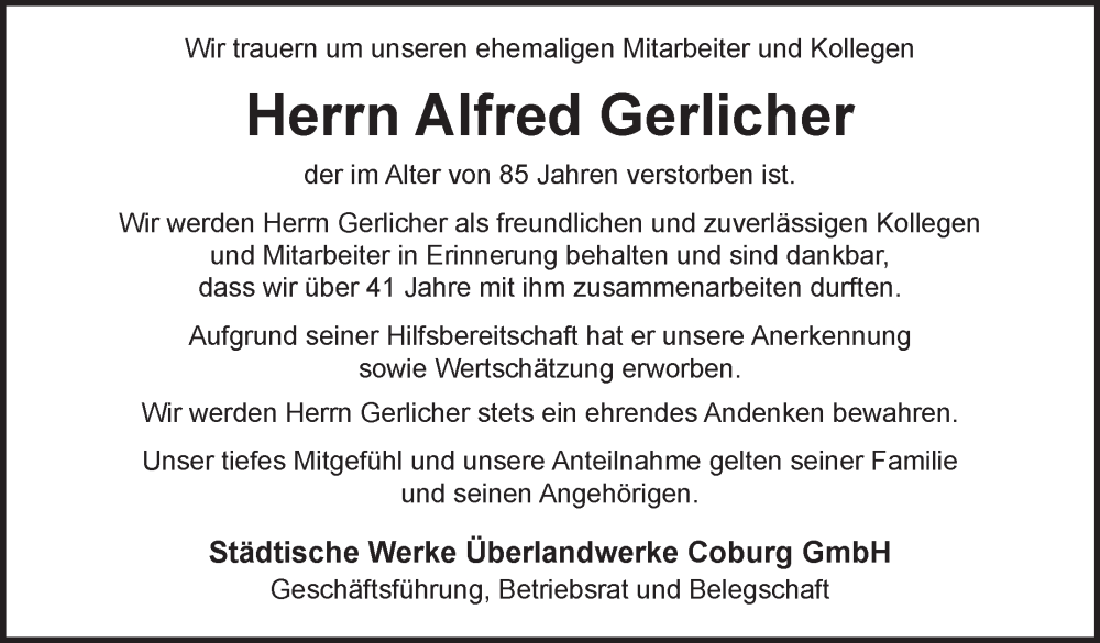  Traueranzeige für Alfred Gerlicher vom 15.11.2025 aus Neue Presse Coburg