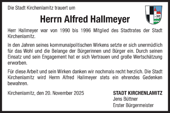Traueranzeige von Alfred Hallmeyer von Frankenpost