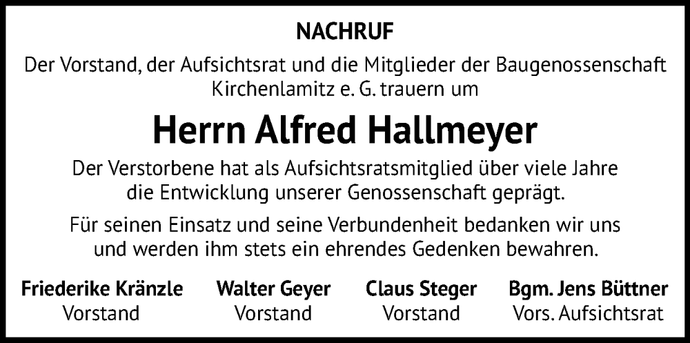  Traueranzeige für Alfred Hallmeyer vom 25.11.2025 aus Frankenpost