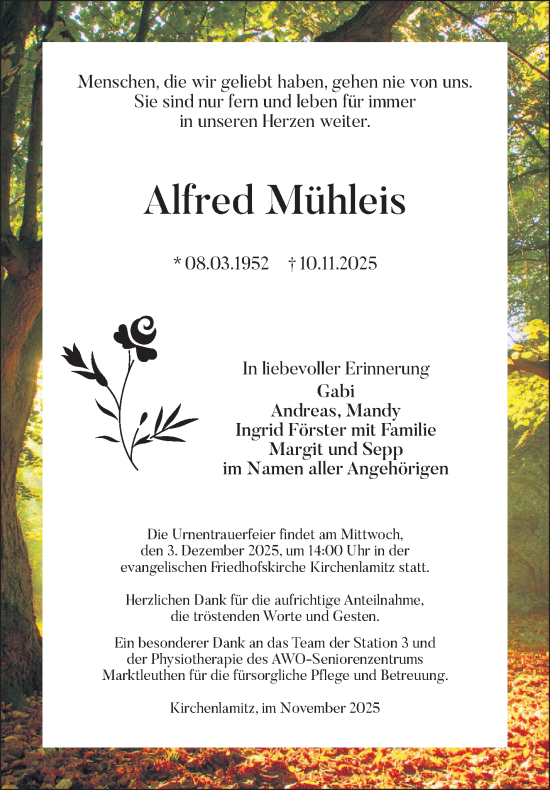 Traueranzeige von Alfred Mühleis von Frankenpost