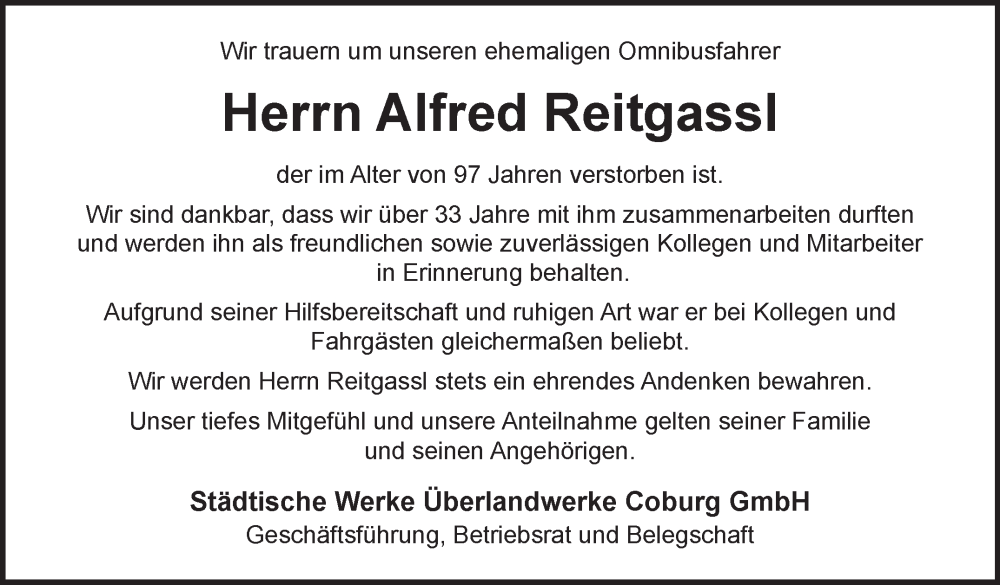  Traueranzeige für Alfred Reitgaßl vom 08.11.2025 aus Neue Presse Coburg