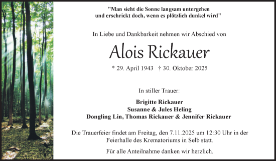 Traueranzeige von Alois Rickauer von Frankenpost