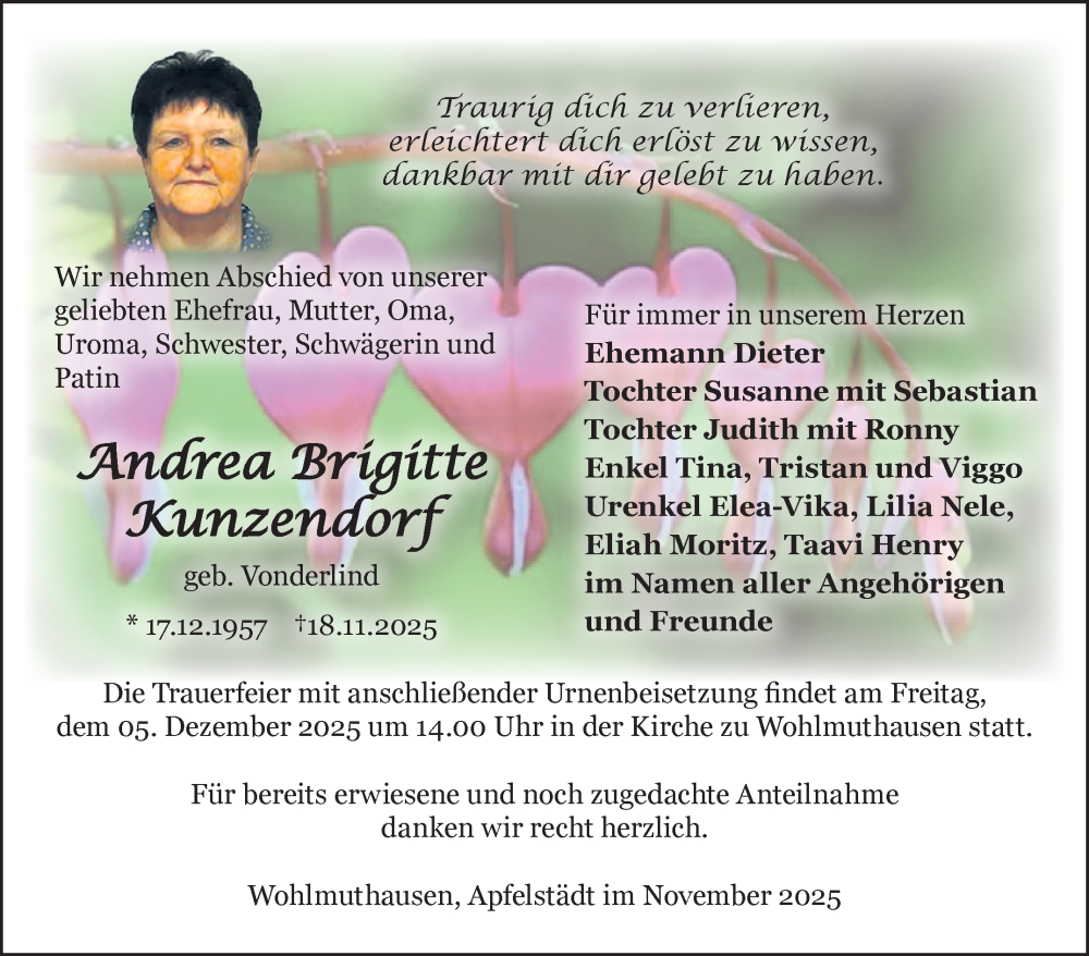  Traueranzeige für Andrea Kunzendorf vom 29.11.2025 aus Südthüringer Presse