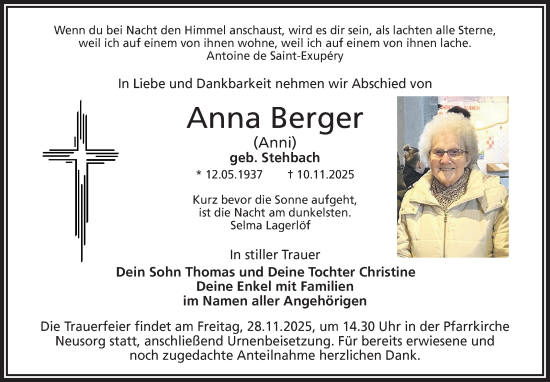Traueranzeige von Anna Berger von Frankenpost