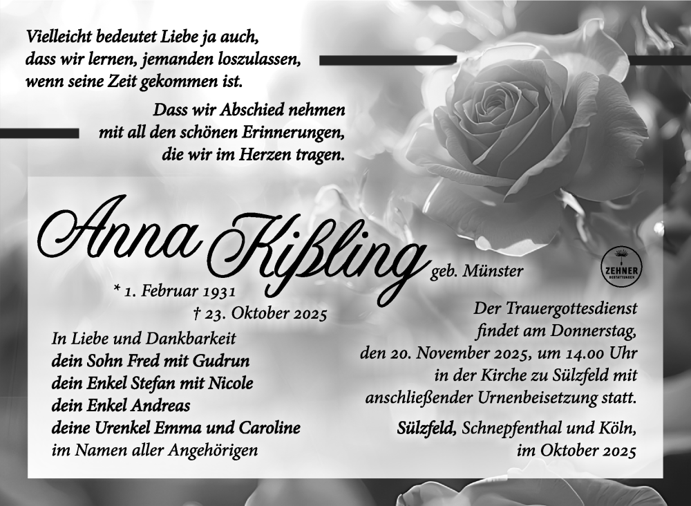  Traueranzeige für Anna Kißling vom 08.11.2025 aus Südthüringer Presse