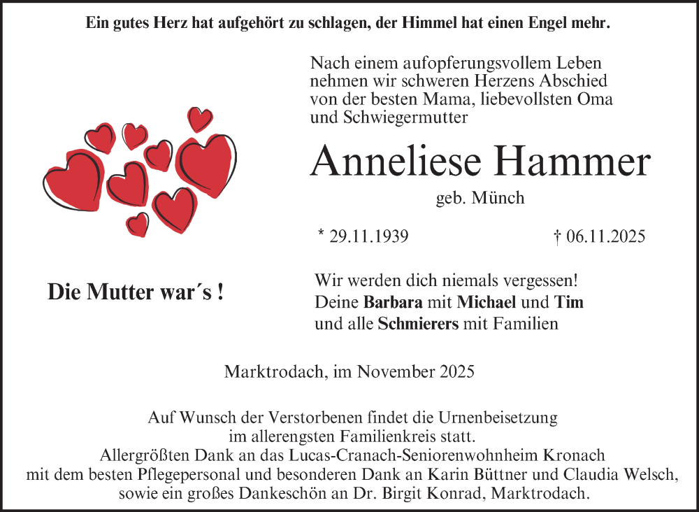  Traueranzeige für Anneliese Hammer vom 22.11.2025 aus Neue Presse Coburg