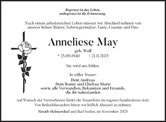 Traueranzeige von Anneliese May von Südthüringer Presse