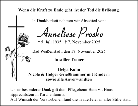 Traueranzeige von Anneliese Proske von Frankenpost