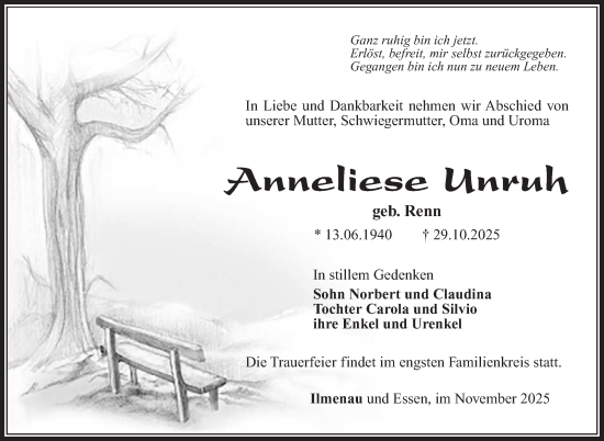 Traueranzeige von Anneliese Unruh von Südthüringer Presse