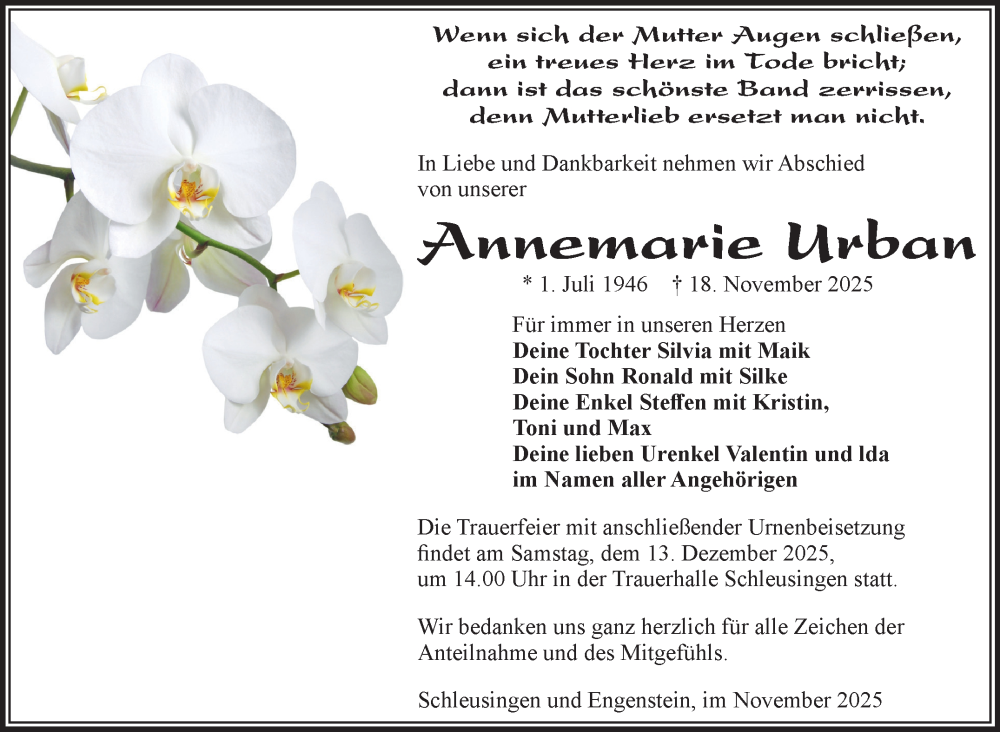  Traueranzeige für Annemarie Urban vom 29.11.2025 aus Südthüringer Presse