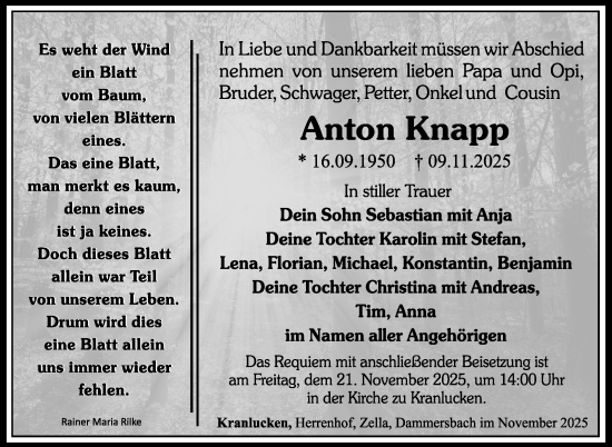Traueranzeige von Anton Knapp von Südthüringer Presse