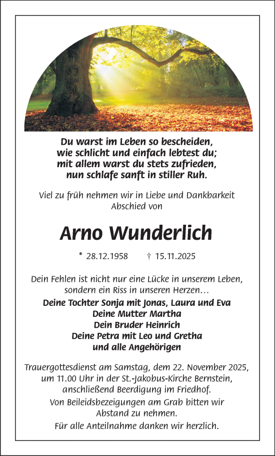 Traueranzeige von Arno Wunderlich von Frankenpost