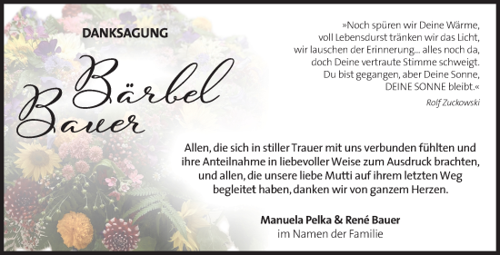 Traueranzeige von Bärbel Bauer von Südthüringer Presse