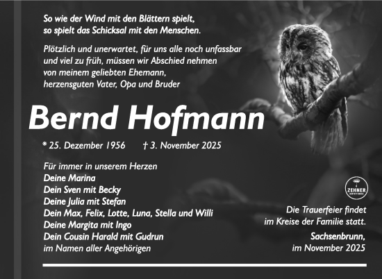 Traueranzeige von Bernd Hofmann von Südthüringer Presse