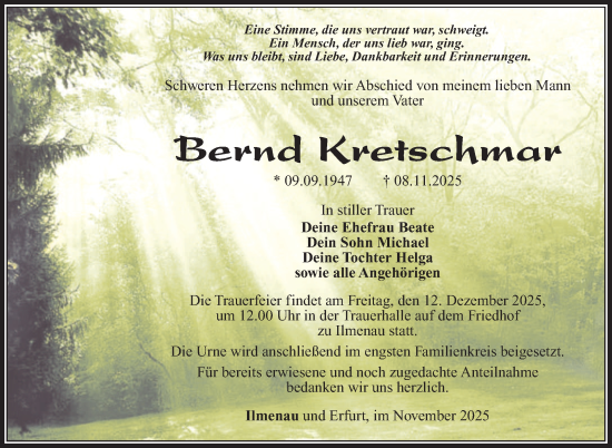 Traueranzeige von Bernd Kretschmar von Südthüringer Presse