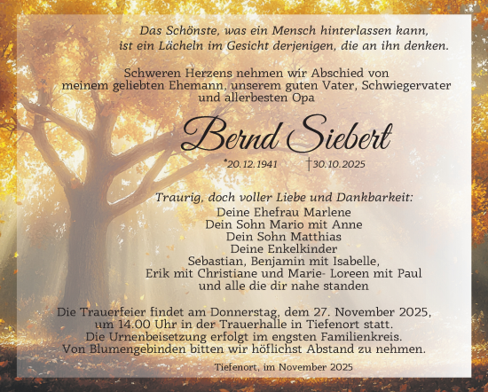 Traueranzeige von Bernd Siebert von Südthüringer Presse