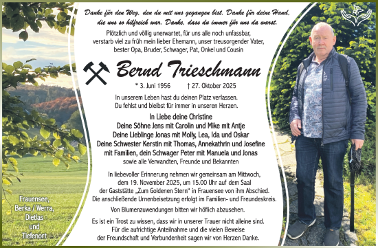 Traueranzeige von Bernd Trieschmann von Südthüringer Presse