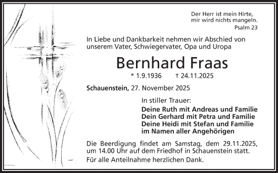 Traueranzeige von Bernhard Fraas von Frankenpost