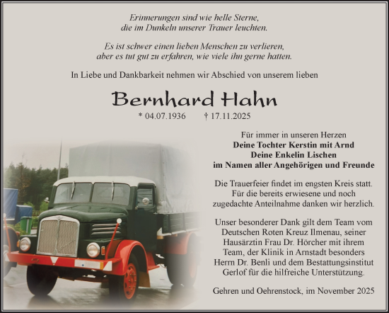 Traueranzeige von Bernhard Hahn von Südthüringer Presse