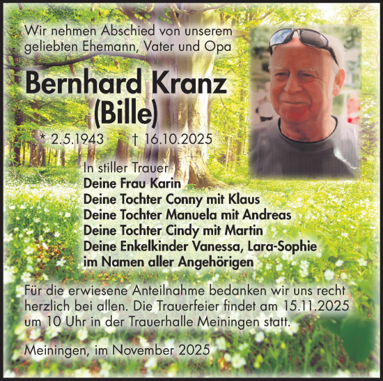 Traueranzeige von Bernhard Kranz von Südthüringer Presse