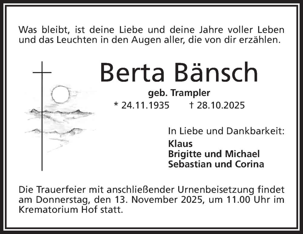  Traueranzeige für Berta Bänsch vom 08.11.2025 aus Frankenpost