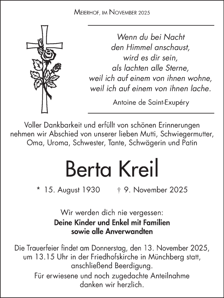  Traueranzeige für Berta Kreil vom 12.11.2025 aus Frankenpost