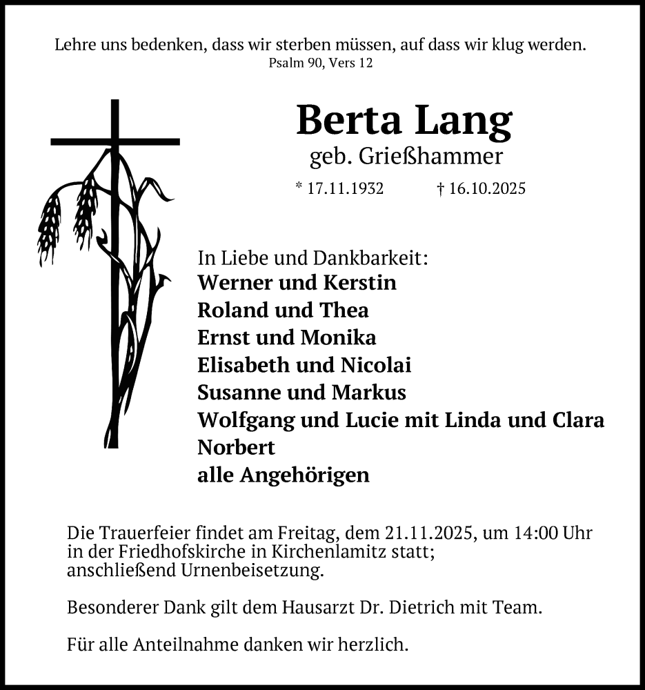  Traueranzeige für Berta Lang vom 15.11.2025 aus Frankenpost