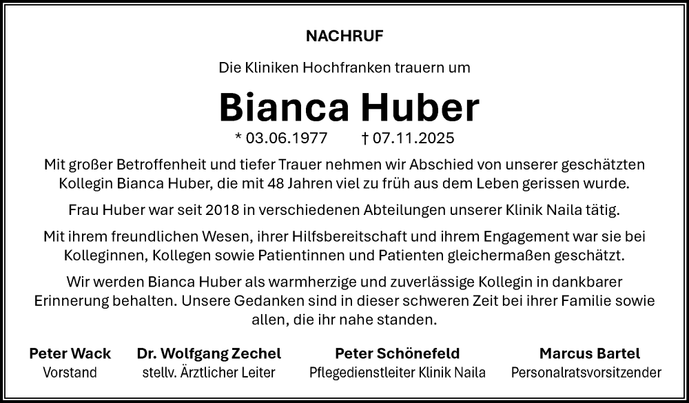  Traueranzeige für Bianca Huber vom 22.11.2025 aus Frankenpost