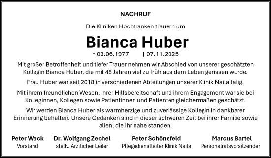 Traueranzeige von Bianca Huber von Frankenpost