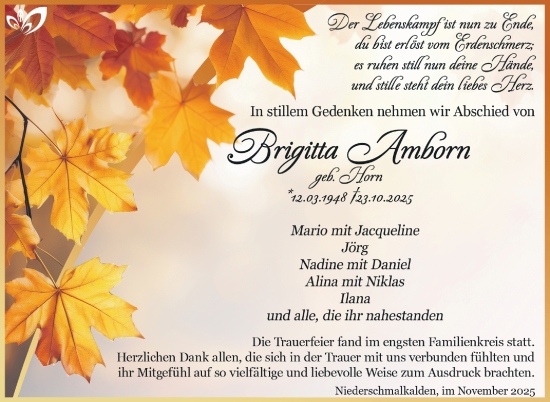 Traueranzeige von Brigitta Amborn von Südthüringer Presse
