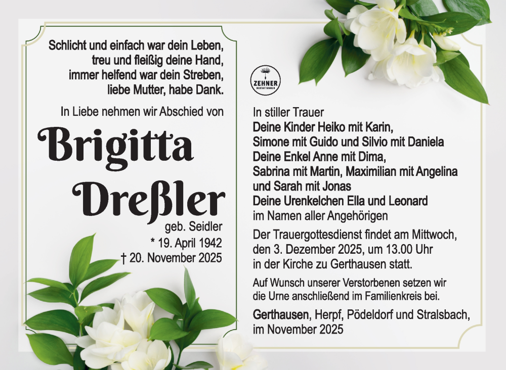  Traueranzeige für Brigitta Dreßler vom 29.11.2025 aus Südthüringer Presse