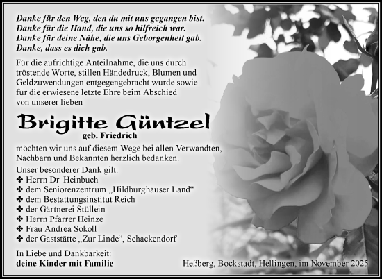 Traueranzeige von Brigitte Güntzel von Südthüringer Presse