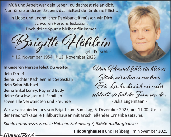 Traueranzeige von Brigitte Höhlein von Südthüringer Presse