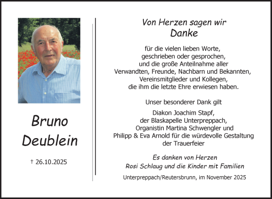 Traueranzeige von Bruno Deublein von Neue Presse Coburg
