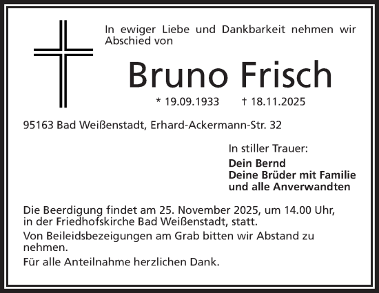 Traueranzeige von Bruno Frisch von Frankenpost