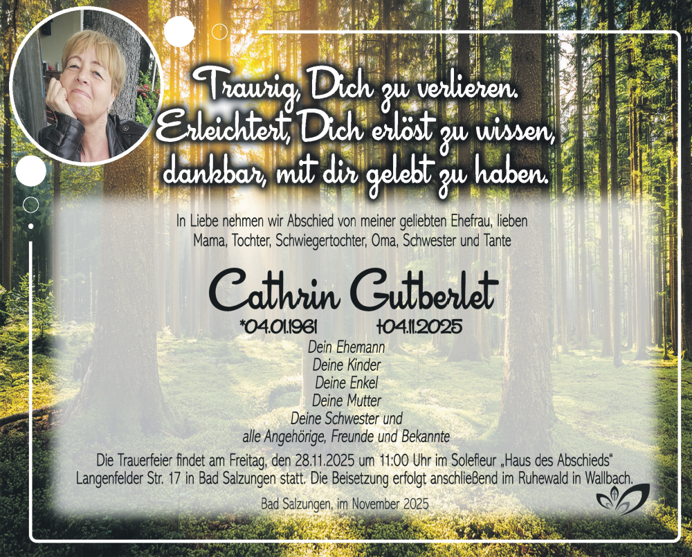  Traueranzeige für Cathrin Gutberlet vom 26.11.2025 aus Südthüringer Presse