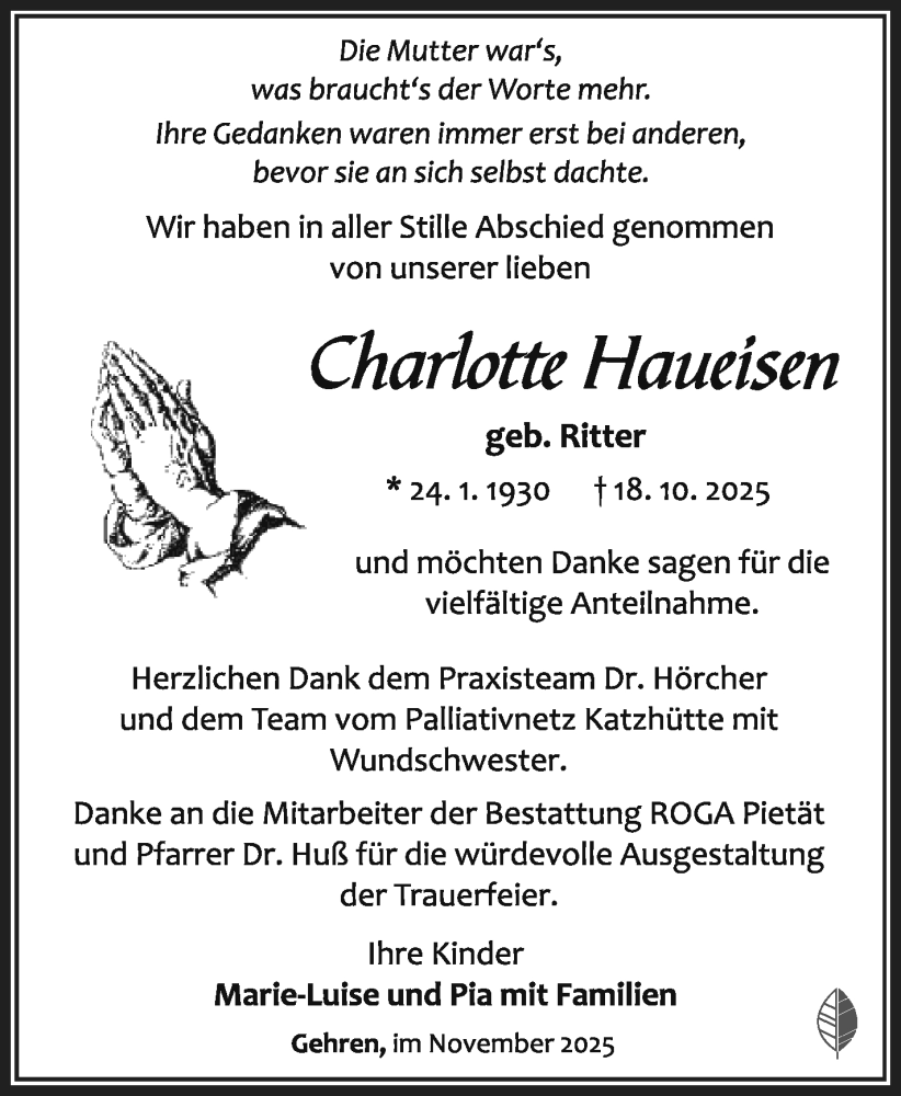  Traueranzeige für Charlotte Haueisen vom 08.11.2025 aus Südthüringer Presse