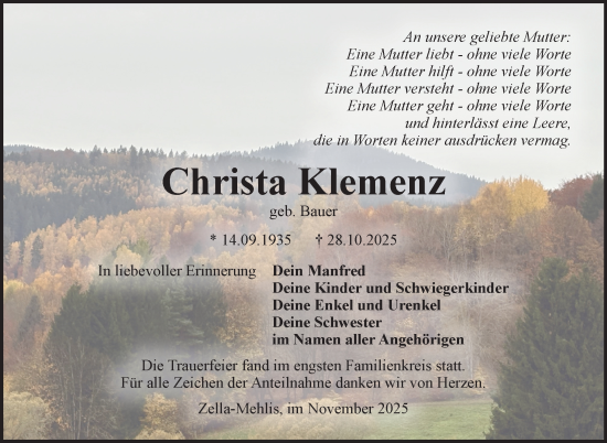 Traueranzeige von Christa Klemenz von Südthüringer Presse