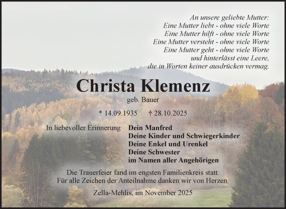  Traueranzeige für Christa Klemenz vom 29.11.2025 aus Südthüringer Presse
