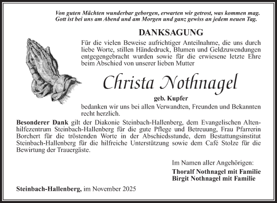 Traueranzeige von Christa Nothnagel von Südthüringer Presse