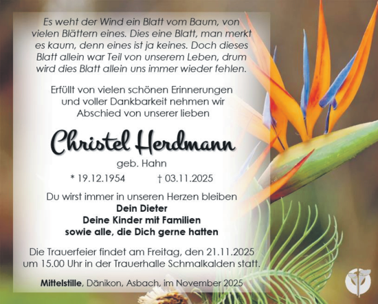 Traueranzeige von Christel Herdmann von Südthüringer Presse