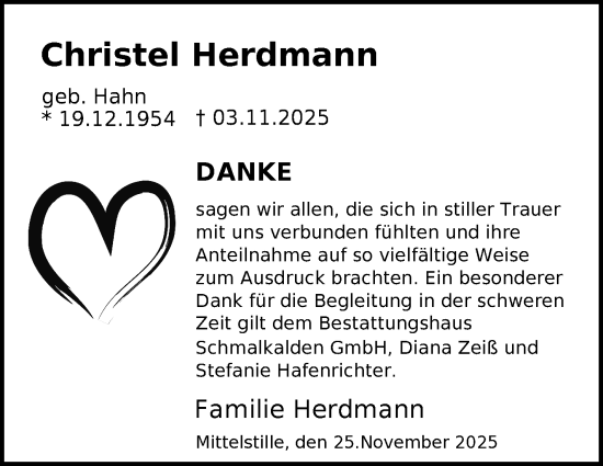 Traueranzeige von Christel Herdmann von Südthüringer Presse